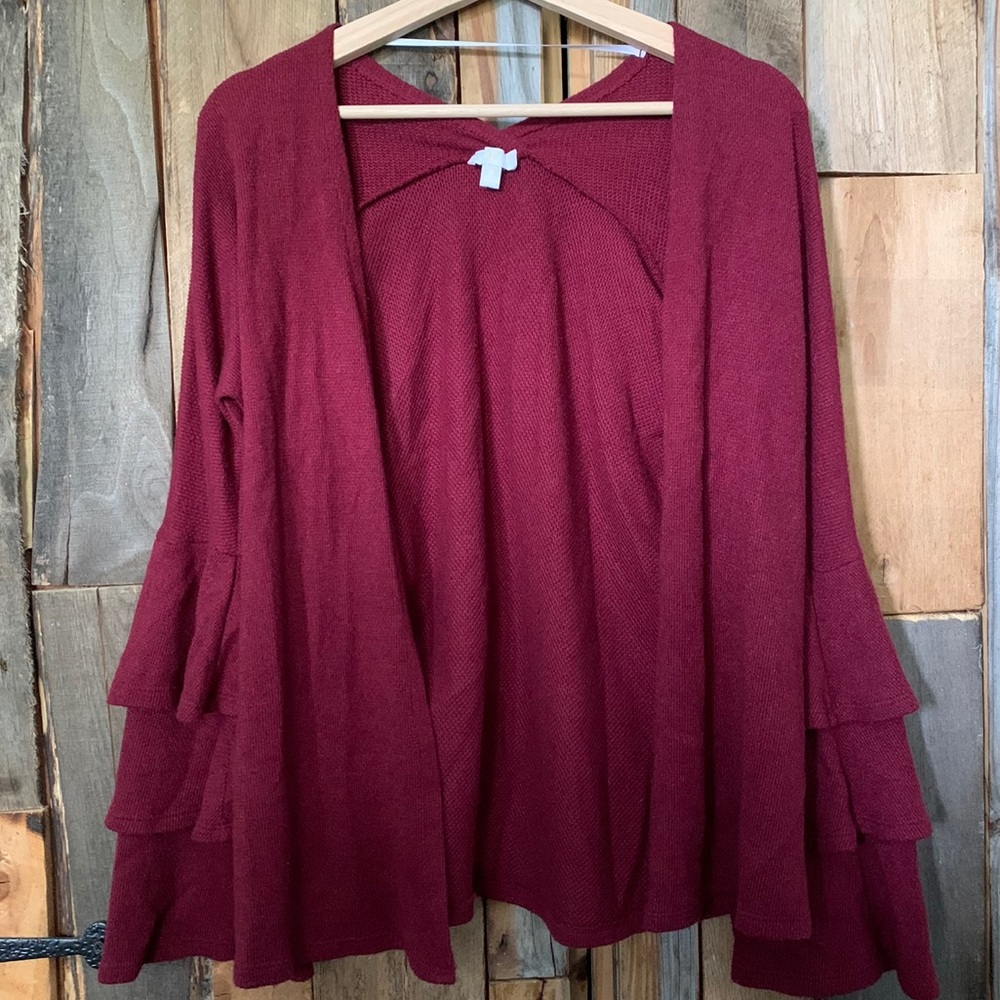 Maroon Ruffled Sleeves Cardigan